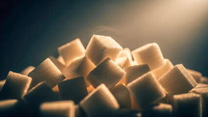 Close-up macro of stacked sugar cubes glowing in warm light, highlighting texture, sweetness, and food ingredient concept with shallow depth of field.