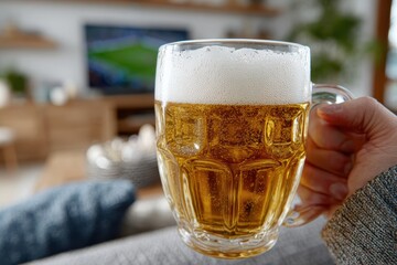 sports bar atmosphere, a festive super bowl party with friends, a beer mug, and a foam finger coaster embodies camaraderie and tradition