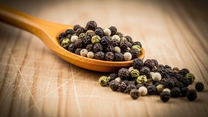 Mixed peppercorns on a wooden spoon and scattered on a wooden table.