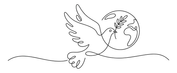 Dove flying with olive branch around the earth in one line drawing style