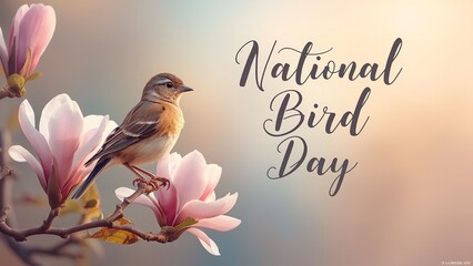 A small bird perches on a branch of pink flowers celebrating National Bird Day