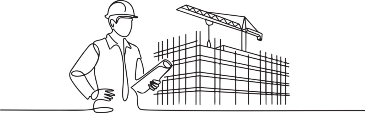 One continuous line drawing of young foreman manager controlling the construction of building. Building architecture business concept. one line Icon drawing