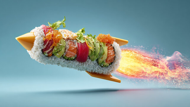 Flying sushi roll shaped like a rocket with fiery exhaust on clean blue background, creative food concept illustrating speed, innovation, startup growth, modern marketing, and imaginative Japanese cui