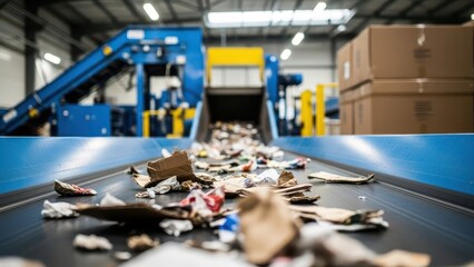 Conveyor belt with various paper and cardboard waste in a recycling plant