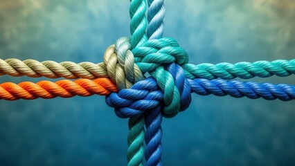 Close-up of four colorful ropes tied in a knot
