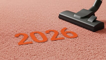 Vacuum cleaner head on a pink carpet with orange year 2026 for cleaning, maintenance, or new year concept.