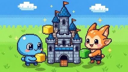 Pixel Art Adventure with Blue Character and Fox in Front of Castle