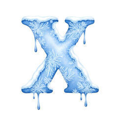 Watercolor illustration of the letter X created with blue snow splashes and droplets on a white background