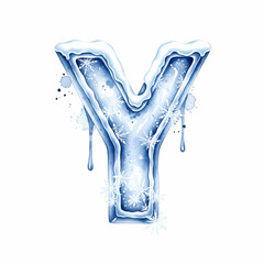 Watercolor illustration of the letter Y created with blue snow splashes and droplets on a white background