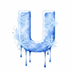 Watercolor illustration of the letter U created with blue snow splashes and droplets on a white background
