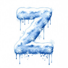 Watercolor illustration of the letter Z created with blue snow splashes and droplets on a white background