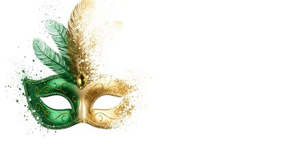 Green and gold Venetian carnival mask with feathers and glitter