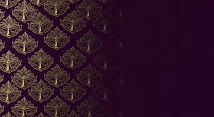 Repeating gold Venetian carnival mask pattern on deep purple bac