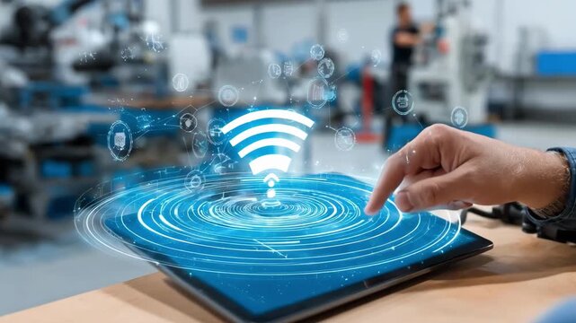 Medium shot of a technician interacting with an IoTpowered dock management system optimizing workflow efficiency and coordination.