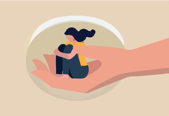 Mental health treatment, care and understanding about depression illness or psychotherapy to protect mental illness concept, warm hand tendering hold depressed solitude girl to solve stress problem.