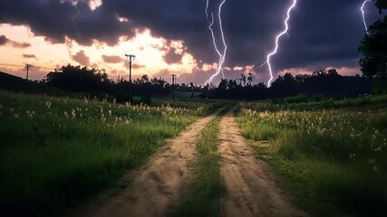 A dirt road through a meadow at dusk with powerful lightning bolts striking from dark storm clouds during a sunset in a cinematic wide shot. - Powered by Adobe