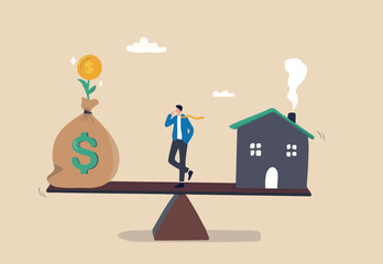 Decision between pay off mortgage or invest in stock market, most benefit or profit, financial decision, option to choose concept, businessman think between pay off mortgage and invest for profit. © Premium art