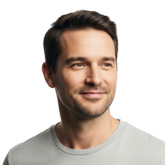 Obraz premium A confident and handsome young man with a cool expression and a casual smile poses for a studio headshot, showing a close-up of his face and eyes with a look of pure happiness