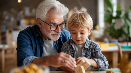 Grandfather grandson bonding over wooden bird, sunny classroom learning environment, mentorship generational wisdom, hands-on education moment, intergenerational teaching activity,