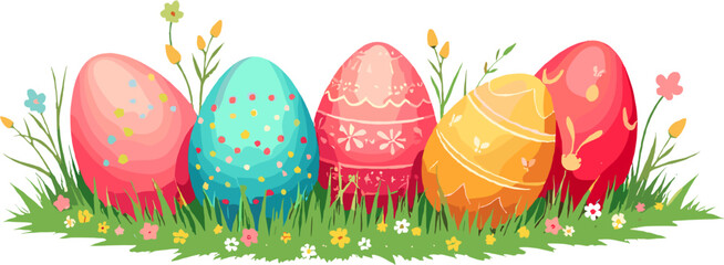 Colorful easter eggs in grass illustration isolated on white background, spring holiday clipart