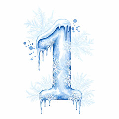 Watercolor illustration of the lnumber 1 created with blue snow splashes and droplets on a white background