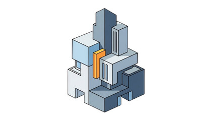 Fototapeta premium An isometric illustration of a modern cityscape with abstract geometric buildings and a prominent orange architectural feature