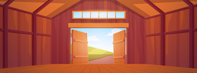 Wooden barn interior, vector cartoon shed with window and open gates, farmhouse empty rural storehouse, ranch building © sabelskaya