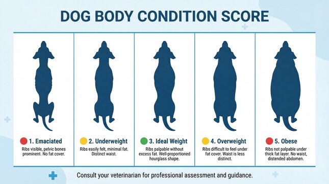 Dog body condition score visual guide. Body condition score silhouettes show emaciated to obese levels, body condition score chart for vet clinic education, for World Veterinary Day