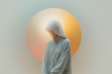 Surreal composition features a figure in front of an abstract glowing circle