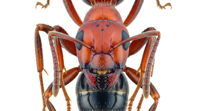 Extreme macro close-up of a solitary red ant with a glossy black abdomen, meticulously detailed exoskeleton, and complex eyes, isolated on white. Concept of biological complexity