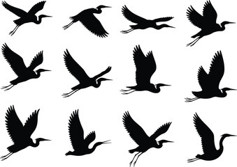 Naklejka premium Flying bird silhouettes set, black crane heron shapes illustration isolated white background vector collection design