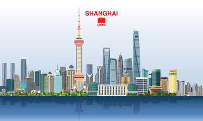 Shanghai abstract stylized city skyline on a beautiful gradient day sky background. Vector illustration