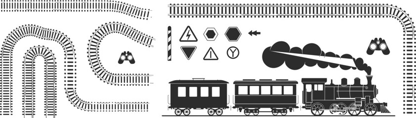 Railway tracks and steam train icons set illustration, vintage railroad signals, transportation elements vector collection © Earshad Creative