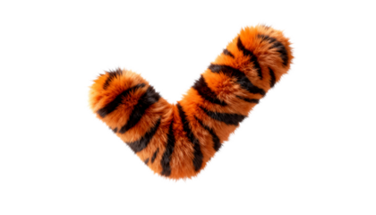 3D Render of a Tiger Fur Check Mark Symbol, Realistic Fur Texture, Vibrant Orange and Black Stripes, Isolated on White Background with Copy Space, Modern Design Element