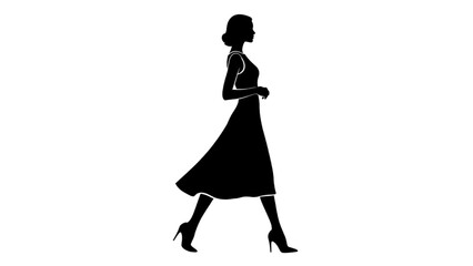 Woman walking alone in a simple black dress and high heels