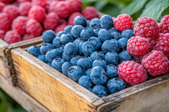 wooden box with fresh blueberries and raspberries