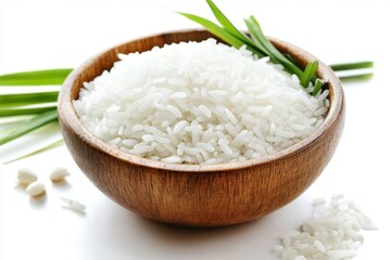 Bowl of white rice with wooden spoon isolated on clean background / close up image of white rice in a bowl / for social 