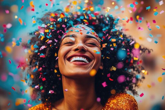 smiling woman 's face against a background of flying colorful leaflets