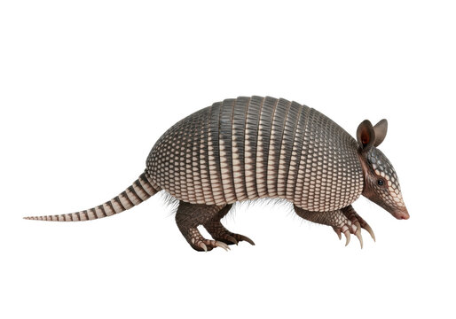 full-length nine-banded armadillo captured mid-stride, showcasing its intricate armored shell, scales, and claws, isolated against a sterile white background. scientific documentation atmosphere