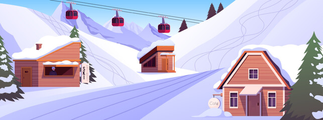 Winter resort with snowy ski slope and ski lifts, pine trees and cottages on mountain background, vector winter sports © sabelskaya