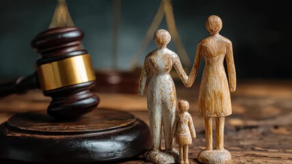 Family figures stand together near a gavel symbolizing family law and justice in a courtroom setting during daytime