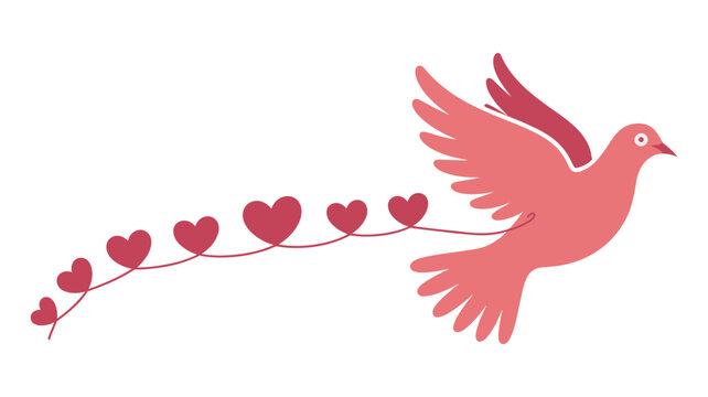 A lovely pink dove flying and trailing a beautiful string of small red hearts