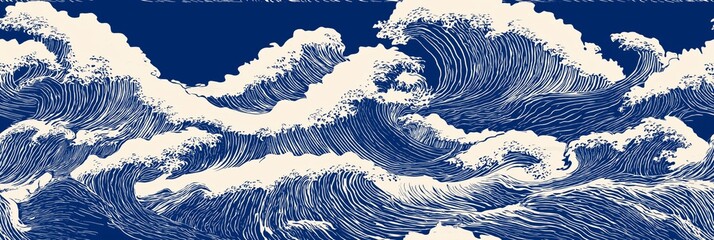 Japanese woodblock inspired ocean wave seamless pattern. Ocean waves creating a repeating Asian style graphic seamless pattern