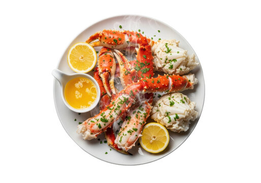 perfectly cooked scarlet king crab legs cracked to expose rich white meat, garnished with green parsley and lemon, served with melted butter on a seamless white background, luxurious seafood dining