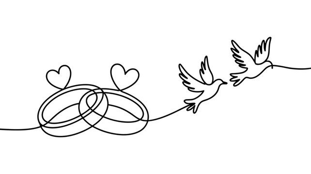 Continuous line drawing of wedding rings with hearts and doves symbolizing love and peace.