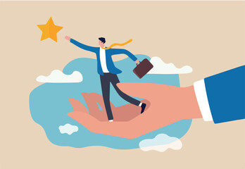 Career development support, assistant or mentor to help reach business goal to achieve target concept, helping hand lift up businessman employee to overcome obstacle reaching the star in the sky.