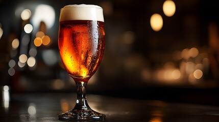 Amber Pale Ale Beer in Elegant Glass with Foam on Dark Bar Background and Warm Bokeh Lights