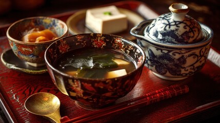A wooden tray holds a bowl of soup with vegetables and tofu accompanied by small dishes containing pickles and tofu. A delicate spoon completes the meal setup.