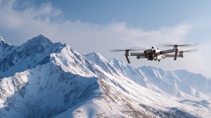 A drone is seen flying over a mountain range covered in snow. The sky is clear and the sun is shining making a great time for outdoor activities and exploration.