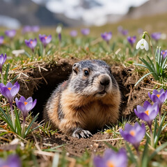 Photorealistic image of a groundhog peeking out of its burrow for Groundhog Day and the arrival of spring